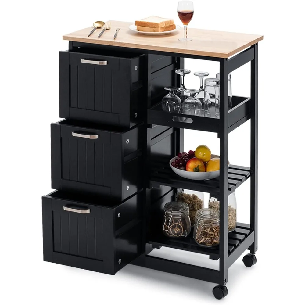 Kitchen Island Cart, Home Bar Serving Cart, Kitchen Trolley with 3 Large Drawers, Storage Shelf and 3 Tier Shelves, Rolling Sto