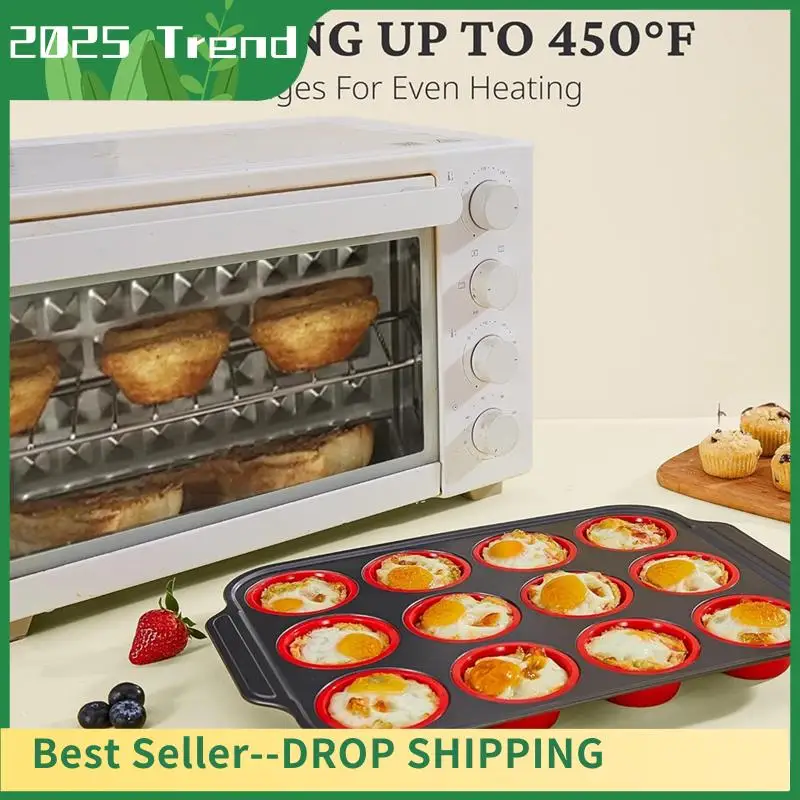 AD33 مقلاة مافن سيليكون ساخنة مع إطار معدني، قوالب سيليكون لصانعة دغة البيض للخبز، مقالي كب كيك 12 حجم عادي