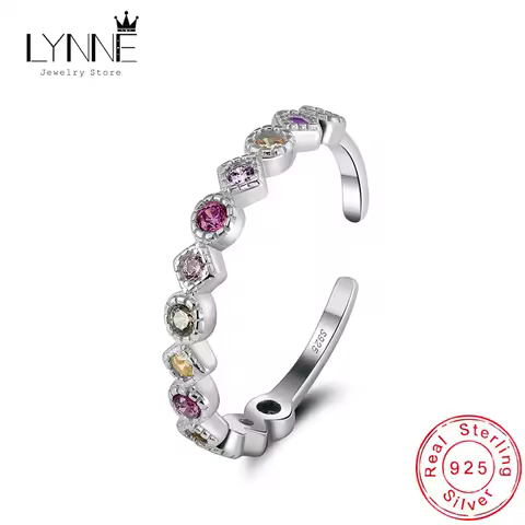 Fashion 925 Sterling Silver Delicate Circled Colour Zircon Adjustable Rings Women Jewelry Round Rainbow Rhinestone Finger Ring