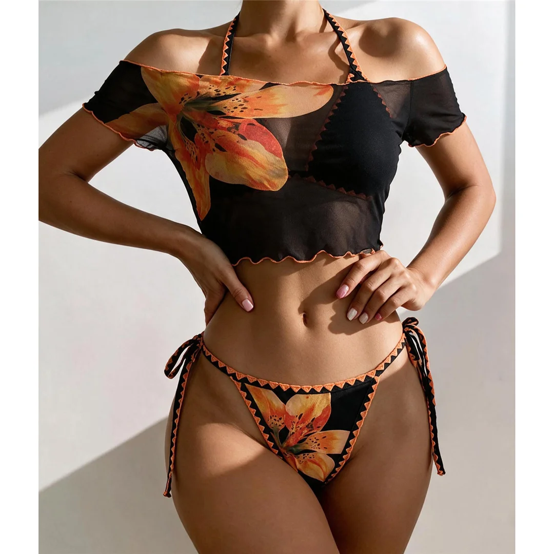 S - XL, mit T-Shirt, Blumenmuster, Bikini, Damen-Badebekleidung, dreiteiliges Bikini-Set, Badeanzug, Badebekleidung, Modell V8537. – Detail 2