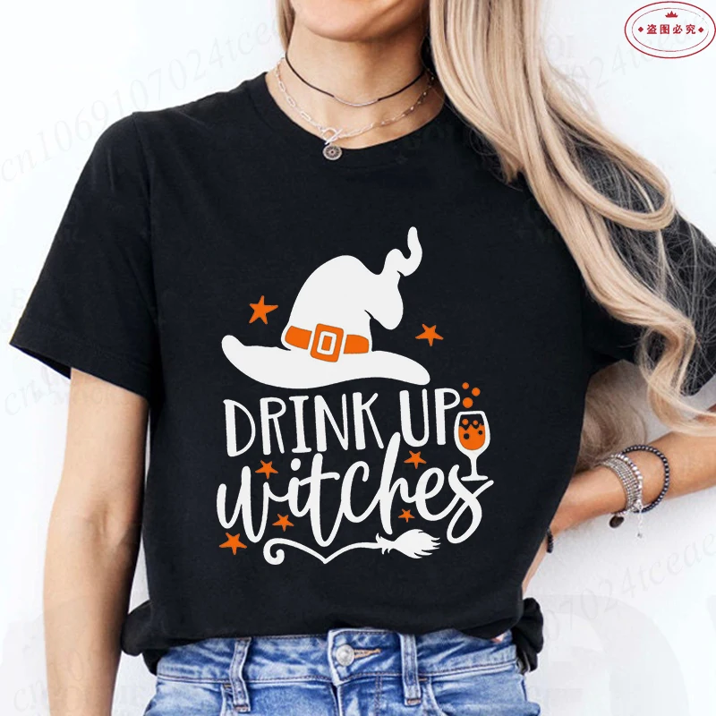 Drink Up Witches T-Shirt for Women Halloween Party Shirt Outfit Short Sleeve Halloween Party Tees for Women Matching Shirts
