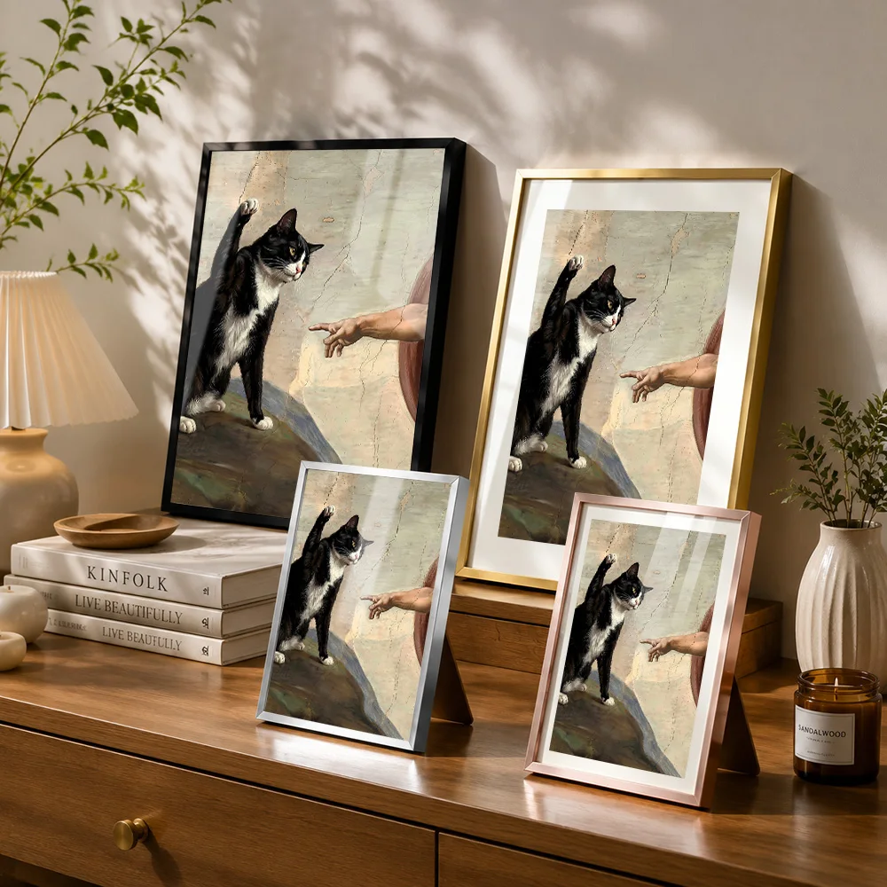 Tuxedo Cat Featuring God Hand Framed Aluminum Metal Poster Customized Photo Charming Minimalist Style Wall Art For Home Office view 3