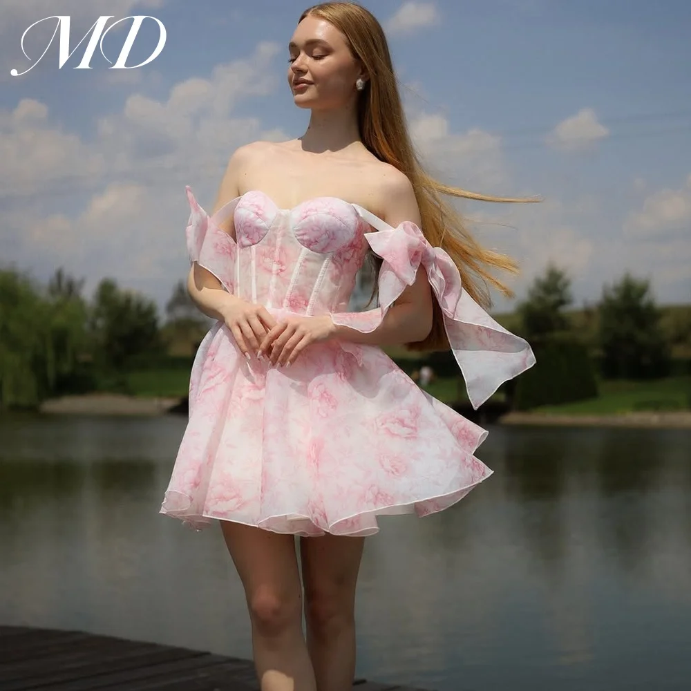 

MD New Sexy Pink Print A-line Short Evening Gown Organza Off Shoulder Bow Drawstring Cocktail Prom Gown Summer Customized 2025
