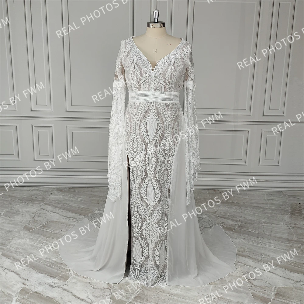 19043 #   Personalizado boho mangas alargamento vestido de casamento de renda para mulher trem varredura alta lado split com decote em v chiffon vestidos de noiva 2024