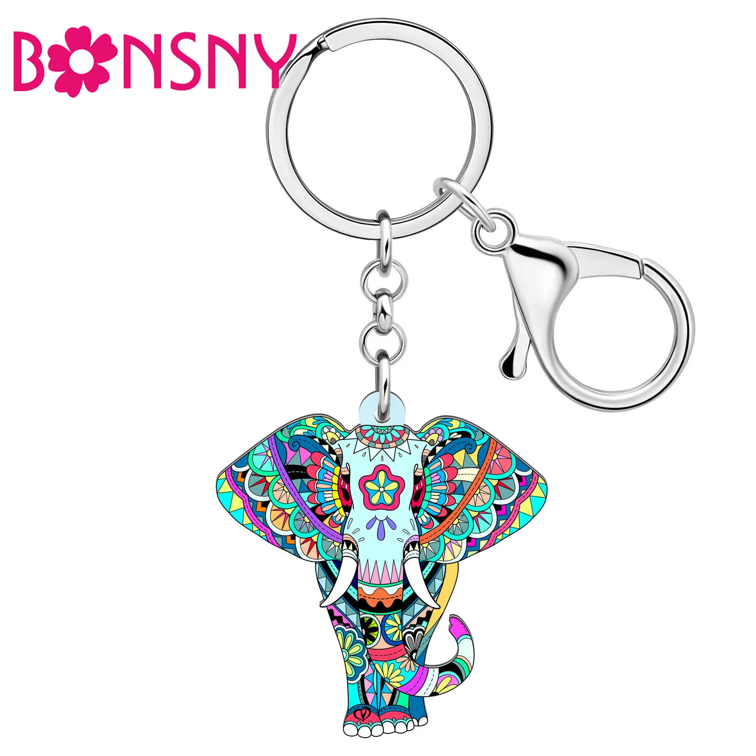

BONSNY Acrylic Bohemian Floral Wild Elephant Keychains Animals Key Ring Chains Backpack Charms for Women Gifts Fashion Jewelry