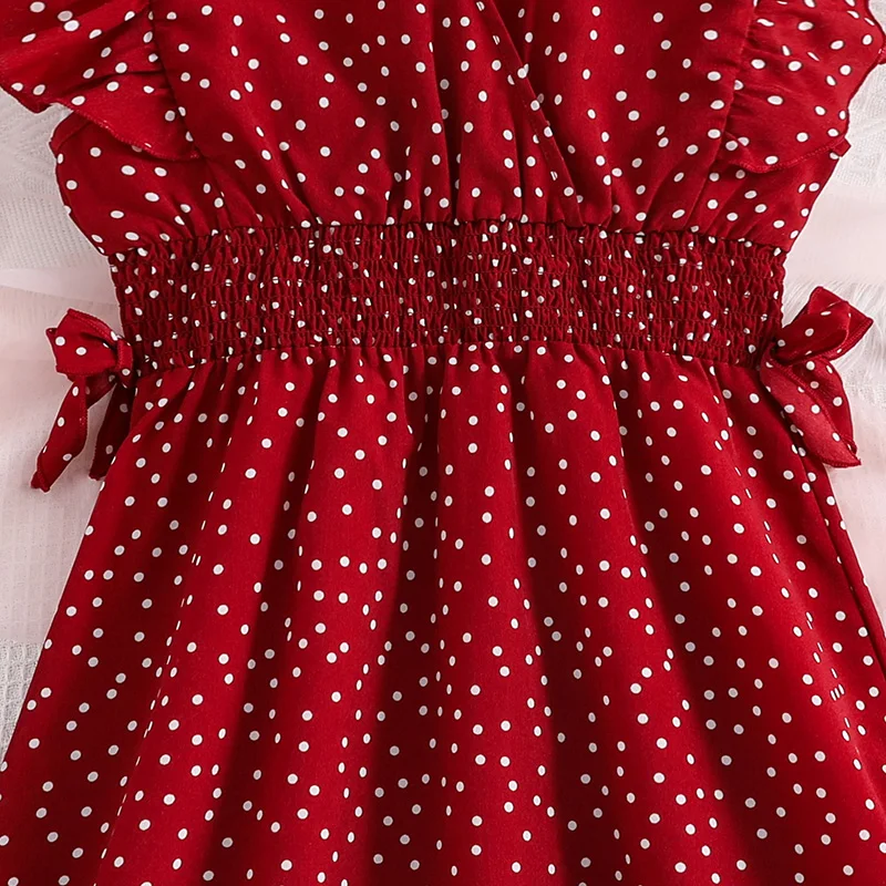 Girls Sleeveless V-Neck Red Polka Dots Dress Elegant Atmospherical Demure Princess Dress For Kids Birthday Premiere Girls Dress