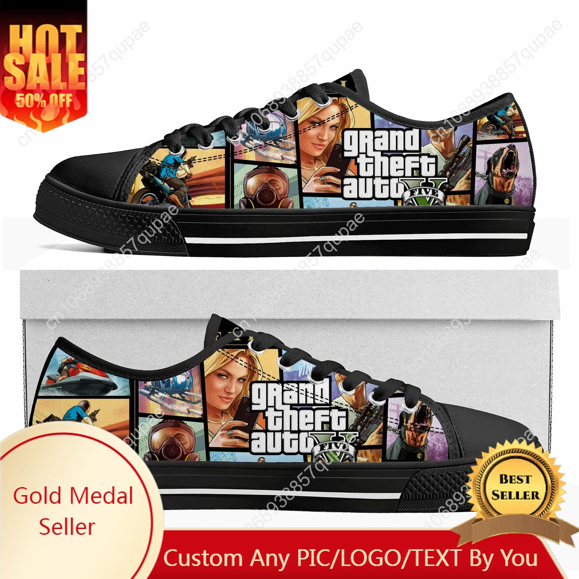 

Anime Cartoon Grand Theft Auto GTA V 5 Low Top Sneakers Mens Womens Teenager Canvas Sneaker Casual Couple Shoes Custom Shoe