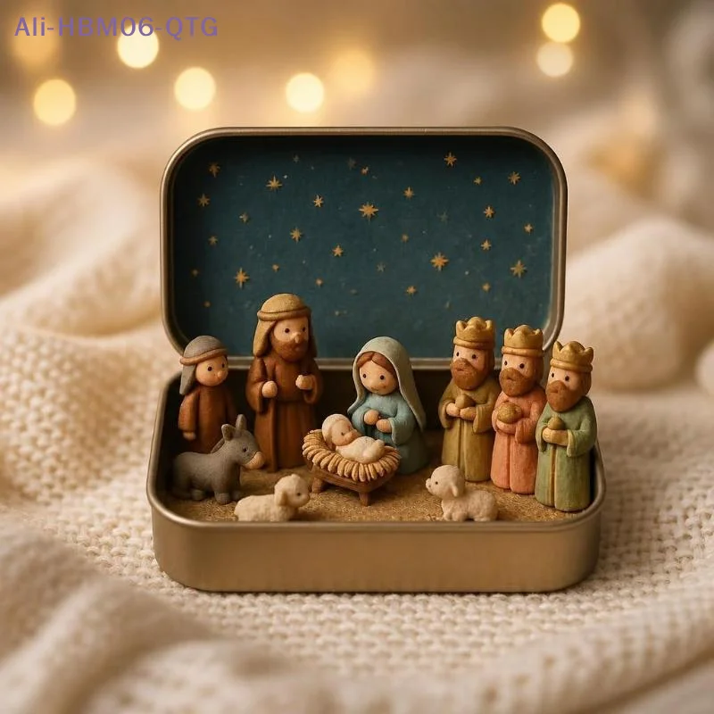*Mini Christmas Nativity Set In Tin Box Cute 3D Printed Figures Manger Set Iron Box For Christmas Home Decoration Holiday Gifts