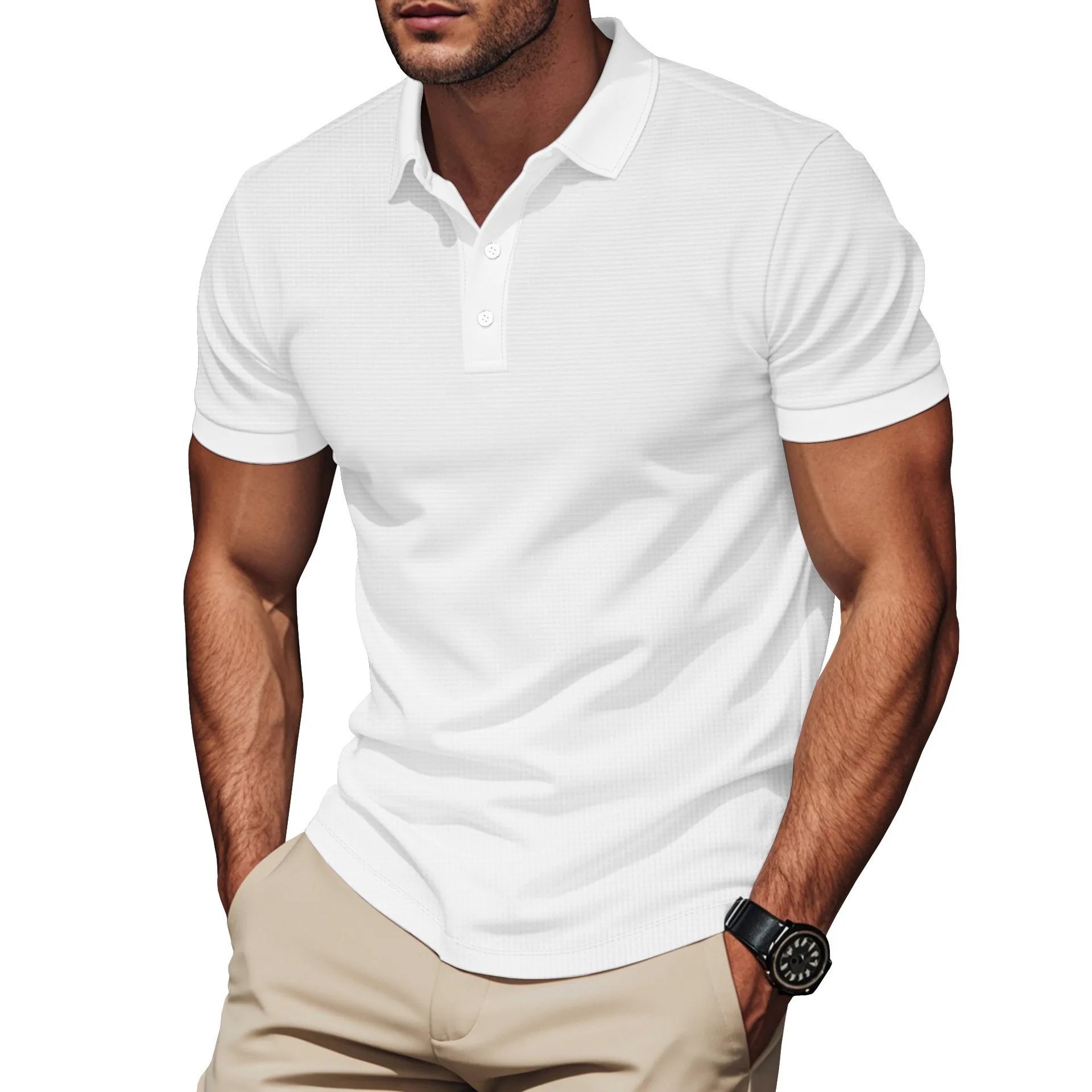 Men Solid Waffle Knit Polo Shirt, Short Sleeve Lapel Collar Button Placket Textured Breathable Casual
