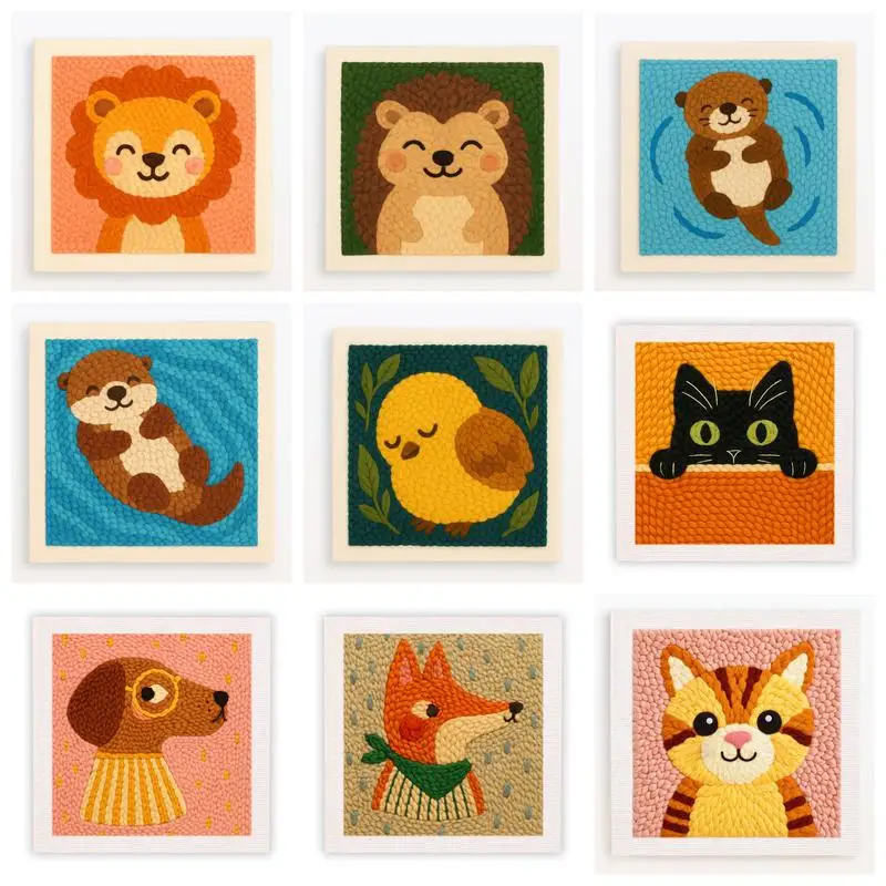 

Cat & Hedgehog Lion Pattern DIY Punch Needle Embroidery Kit for Beginners - Rug Making Starter Set with Fabric Yarn & for Craft