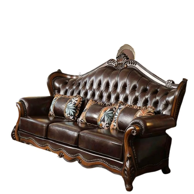 

American solid wood leather sofa, retro high-end furniture first layer cowhide combination