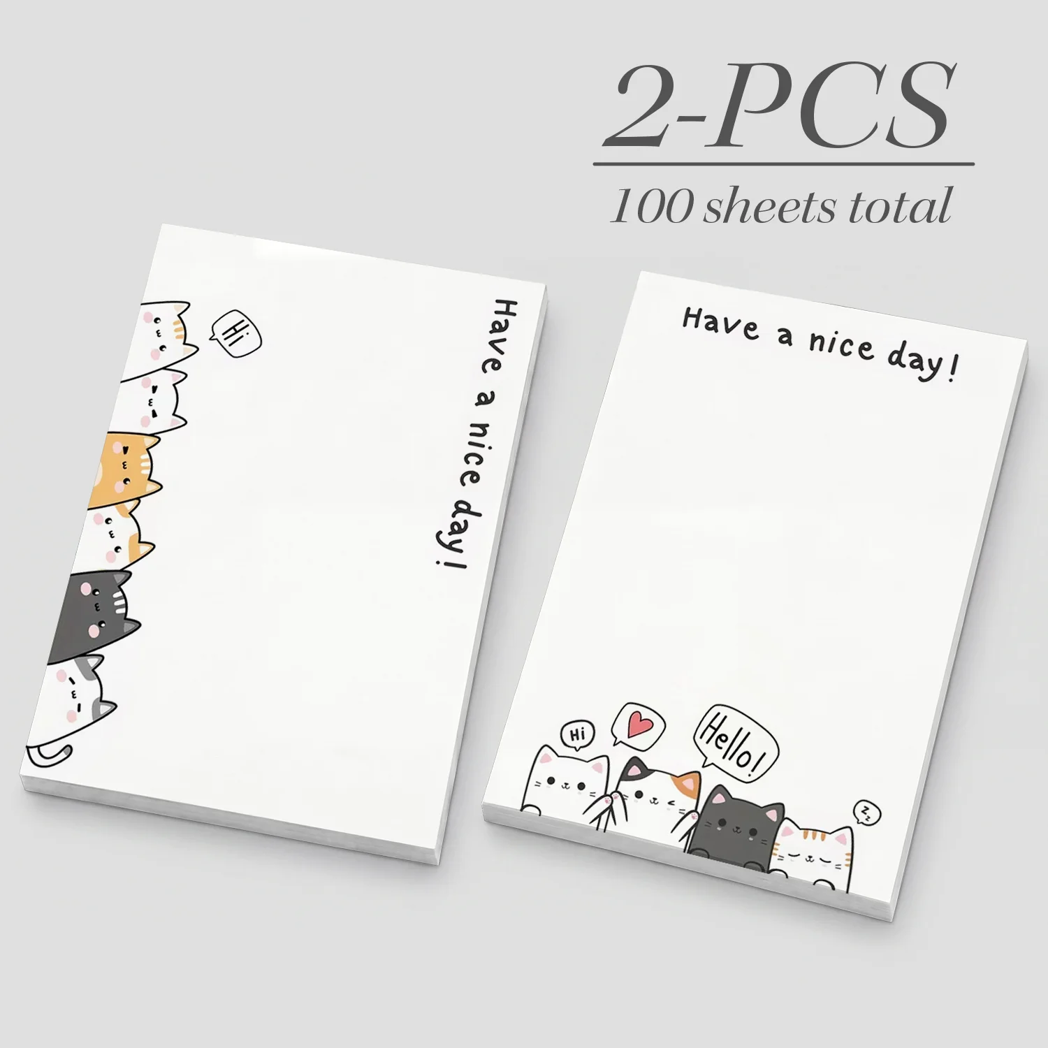 2pcs Cute Cat Sticky Notes, Kawaii Animal Self Stick Memo Pads, 100 Sheets Total, “Have a Nice Day” Positive Quote Notepad