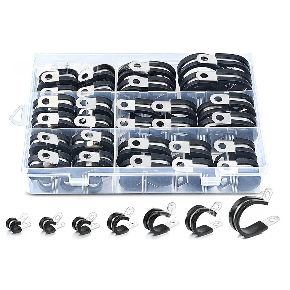 

60PCS Cable Clamp 7 Sizes Stainless Steel Rubber Coated Cable Clamps Assortment Kit-Metal Wire Clamps Cable Clips Pipe Clamps