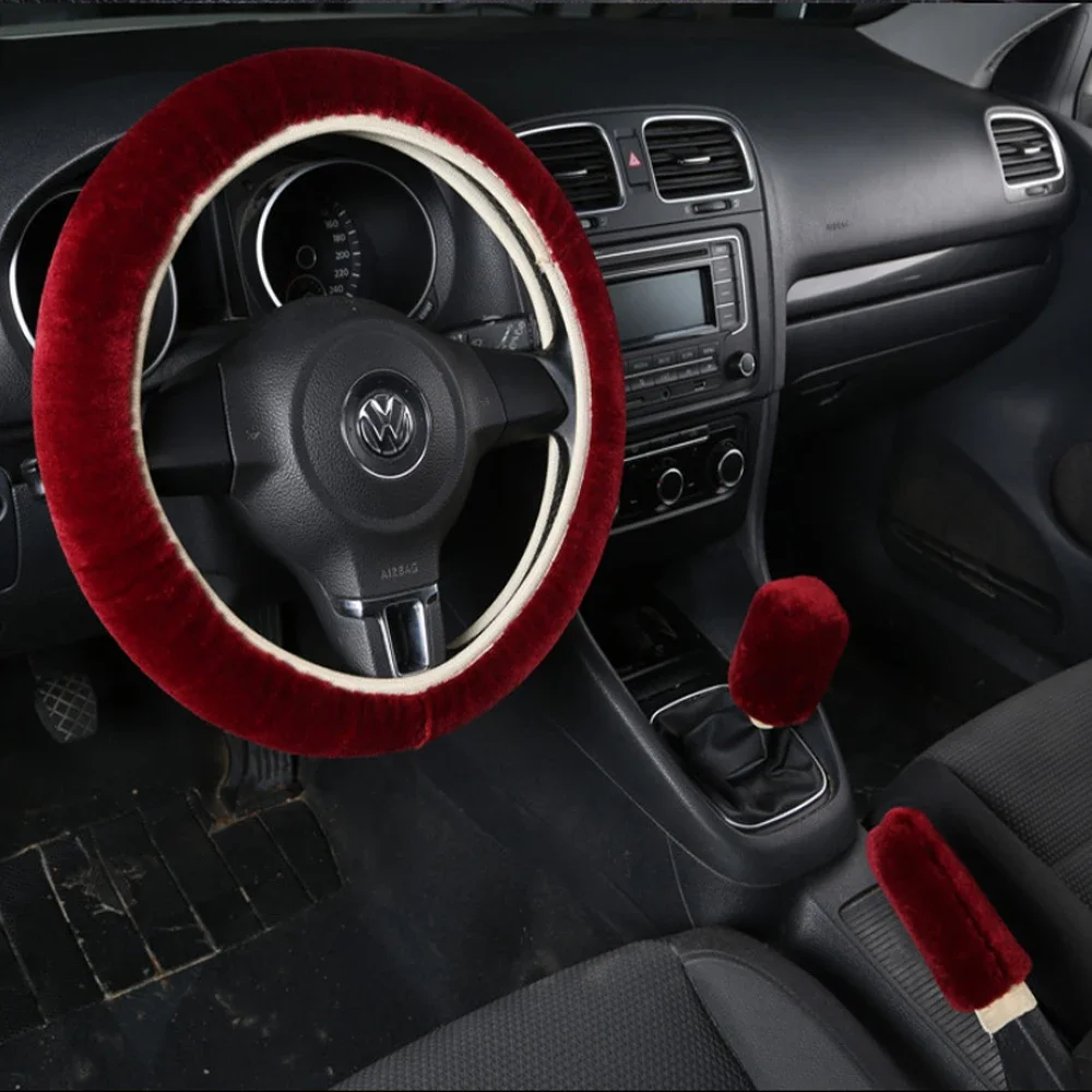 

3Pcs Soft Plush Spring Steering Wheel Cover Kit With Stop Lever+Hand Brake Wool Cover Winter Warm Auto Car Interior Accessory