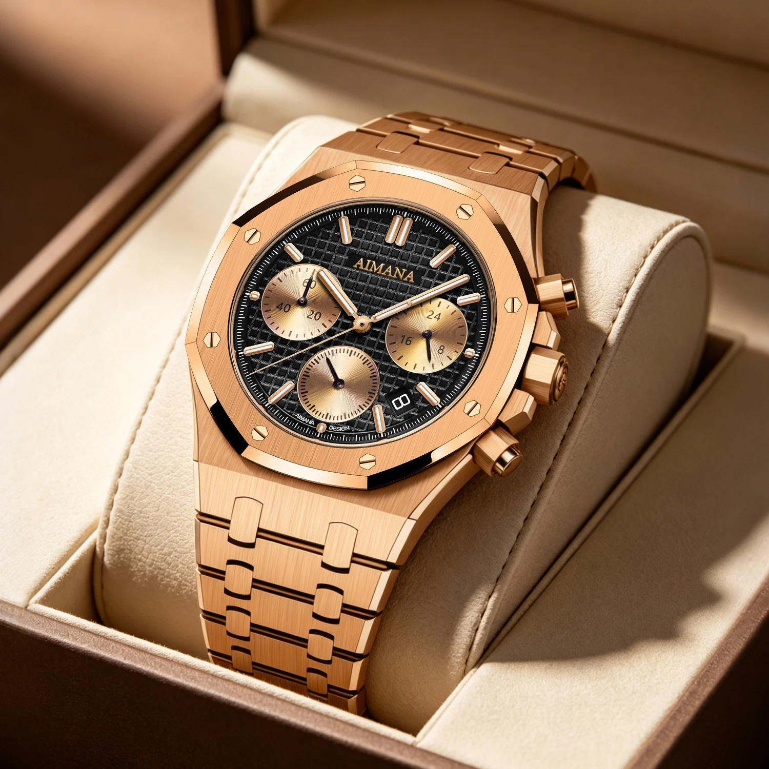 AIMANA Men's Rose Gold Chronograph Watch Black Dial Waterproof Quartz Stainless Steel Strap Sports Wristwatch Gift for Men