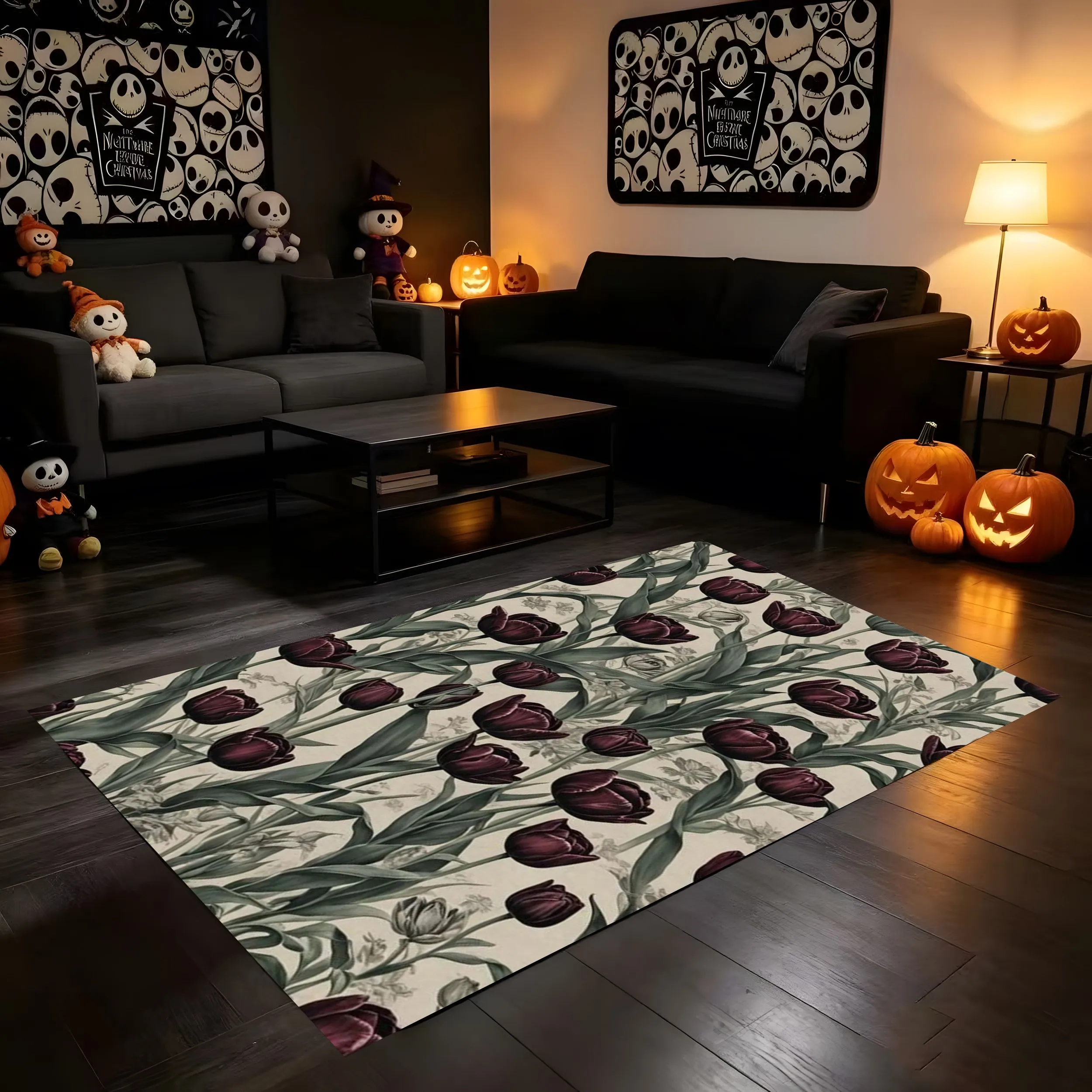 2D Large Carpet with Hedgehog, Mushroom, Acorn, Autumn Leaves and Forest Theme, Watercolor Style, Gentle and Fresh, Creating a Warm Atmosphere