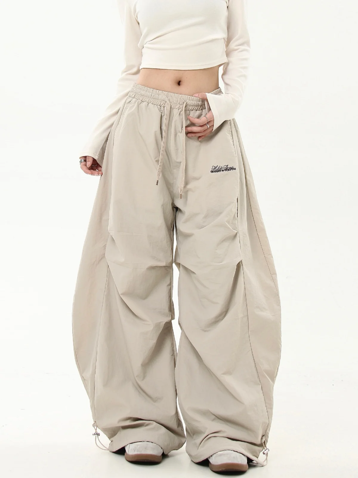 American High Street Fce Lined Wide Leg Casual Pants Women's Autumn Winter Elastic Waist Dstring Loose Casual Trousers