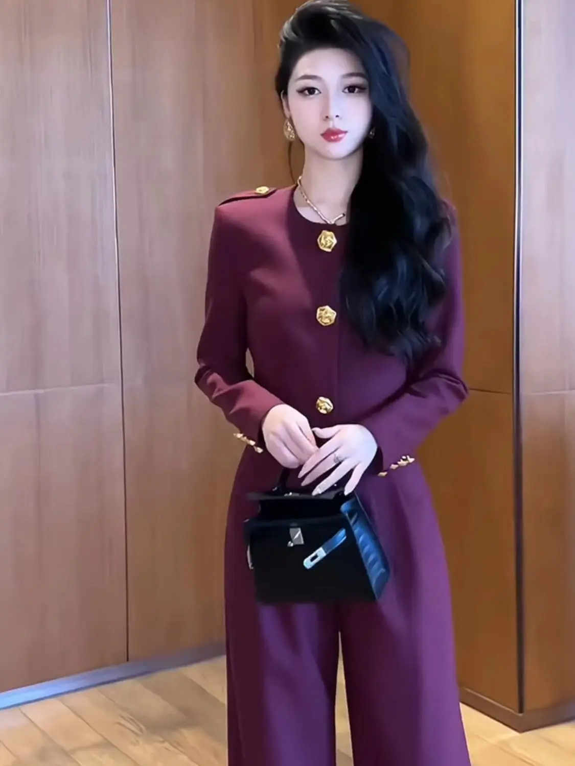

New High End Korean Fashion Women's Two Pieces Set Small Fragrance Buttons O-neck Jacket Coat + Wide Leg Pants Elegant Suit