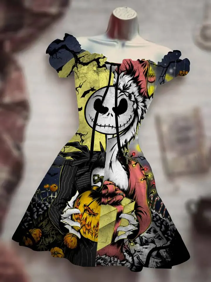 Vestido largo de verano con estampado 3D para Halloween, ropa negra, vestido bohemio Hawaiano, traje de noche con calavera rosa, manga de burbuja con cordón