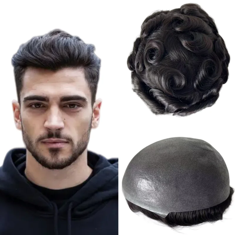 

European Virgin Human Hair Hairpieces #1b Color Knotted PU Toupee for Men