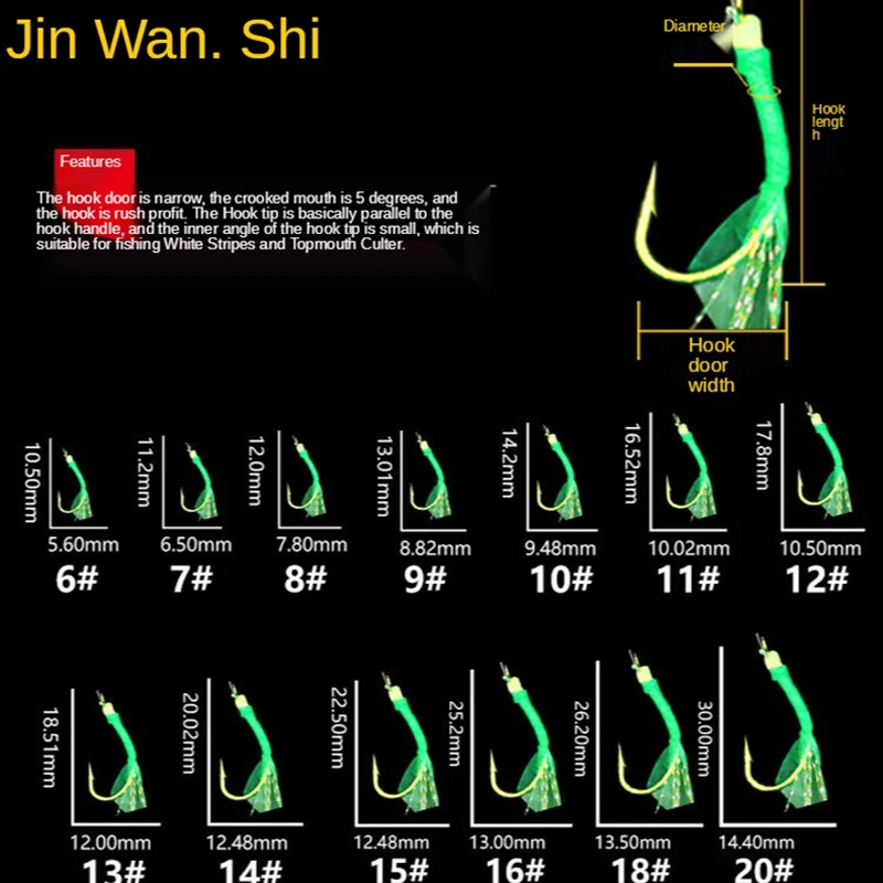 5 Packs/lot Green Bionic Fish Skin String Fishhook Topmouth Culter Bass Far Sea Fishing Tied Fluorescent Shiny Cod