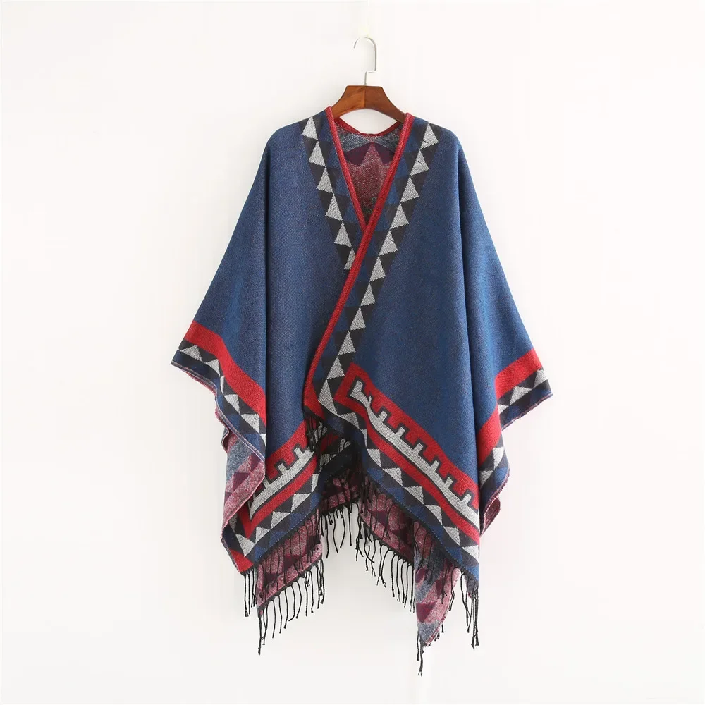 Winter New Tassel Printing European American Fashion Street Solid Color Imitation Cashmere Warm Scarf Shawl Blue