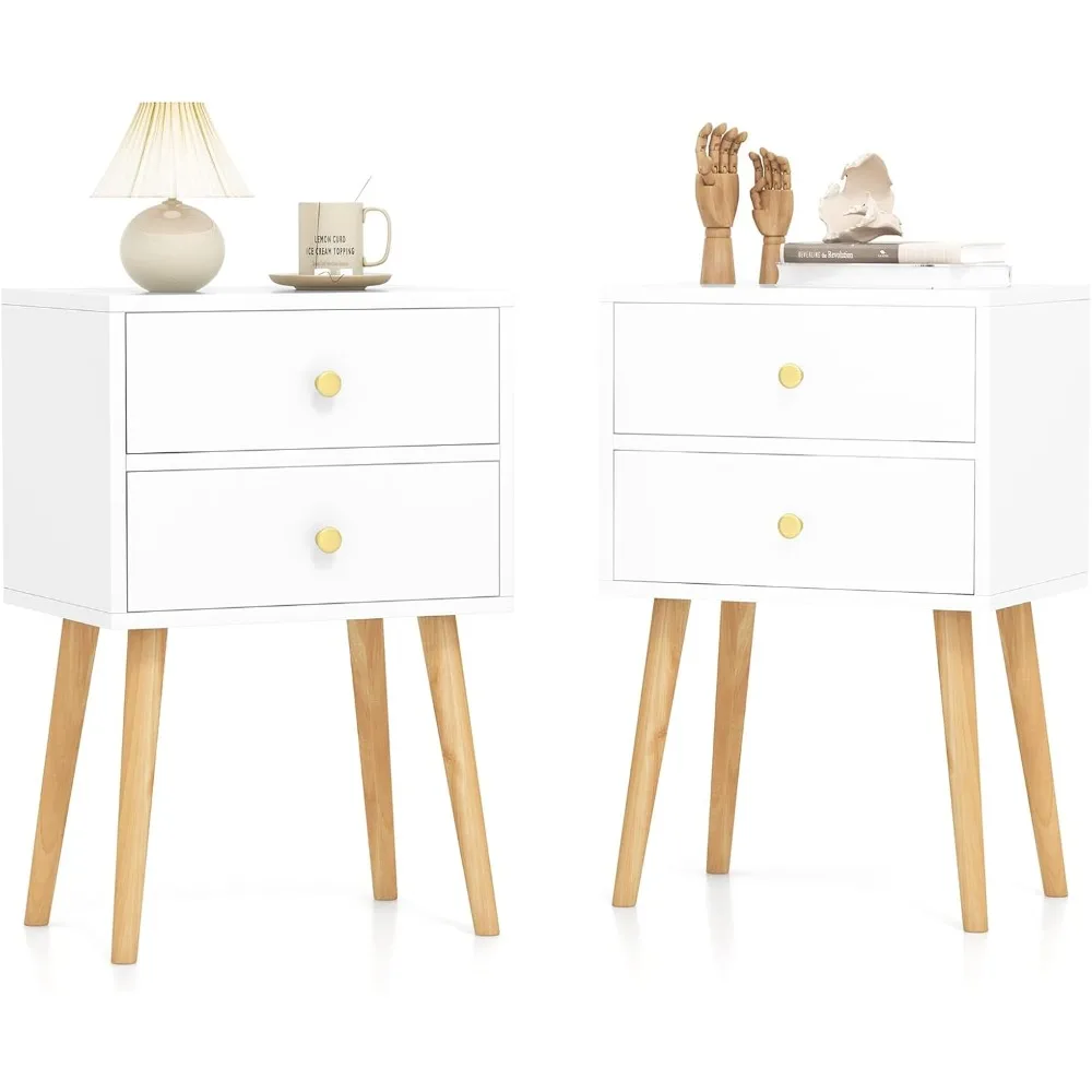 

Mid Century Modern Nightstand Set of 2, 2-Drawer Bedside Tables with 4 Solid Wood Legs, Night Stand for Small Spaces, Modern En