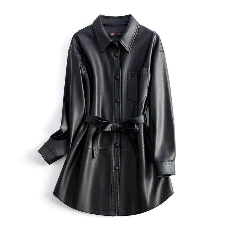 2025 Vintage Black Women's Leather Trench Coat Spring Autumn Single-breasted Sashes Windbreaker Lady Loose PU Leather Outerwear