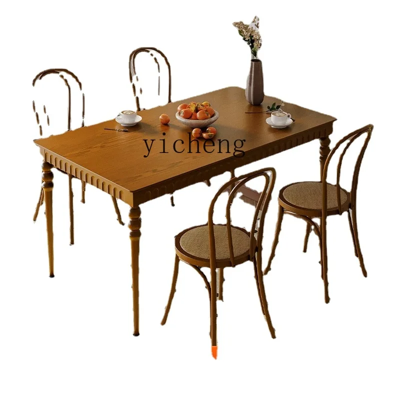 

XL French Style Vintage Dining Table Teak Nordic and Japanese Style Solid Wood Dining-Table Chair Combination Retro