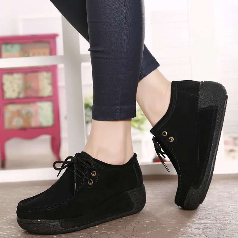 Women Genuine Leather Flats Platform Loafers Woman Creepers Lace Up Driving Moccasins Female Casual Shoes Sapato Feminino