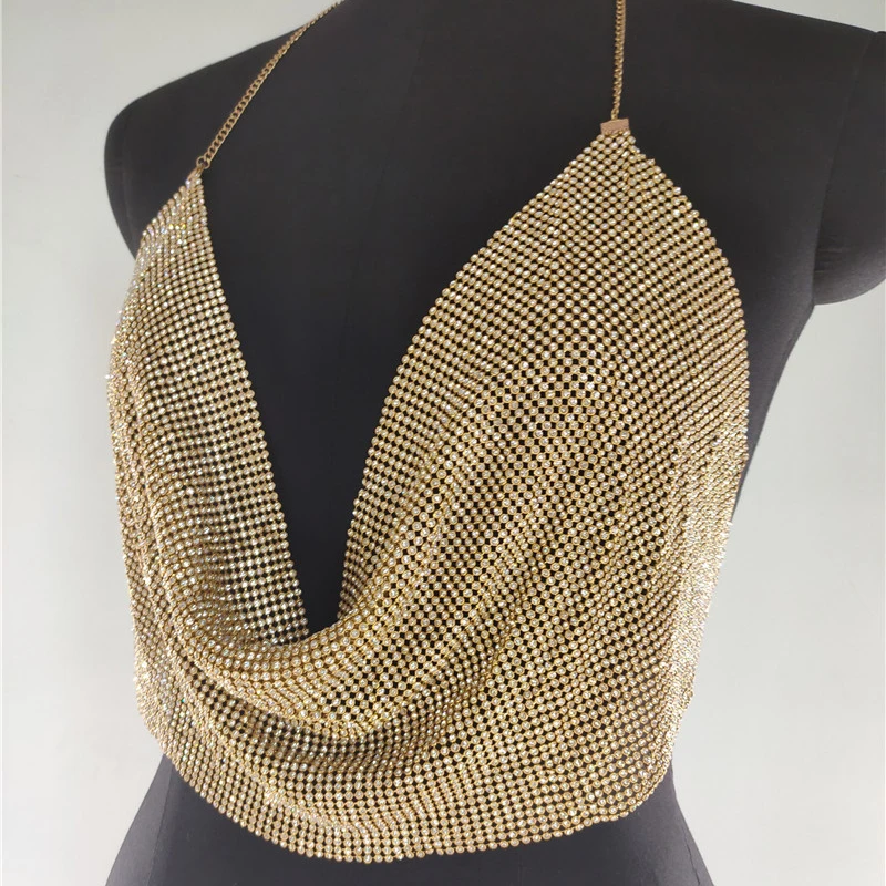 Frauen Sexy Glänzenden Strass Tank Top Tiefem V-ausschnitt Neckholder Metall Körper Kette Crop Top Hemd für Nachtclub Party Rave Outfits 2025 – Detail 6
