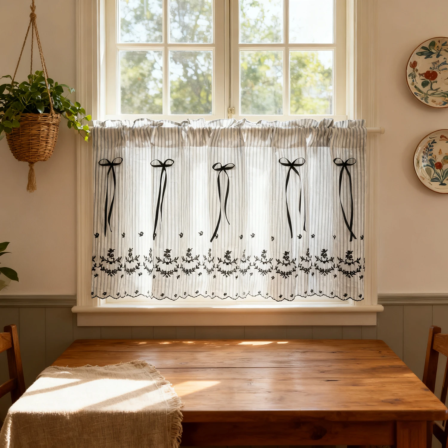 

French Country Kitchen Curtains, Elegant Embroidered Flowers with Bow Small Curtains for Windows, Dining Cabinets, Cafe Curtain