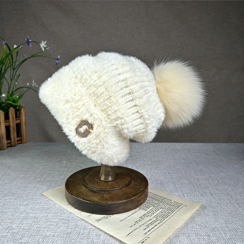 100% natural fur pompom hats wool Cap for women girl Letter G High quality Fur Pom Poms travel Ski Hat winter beanies Hat 