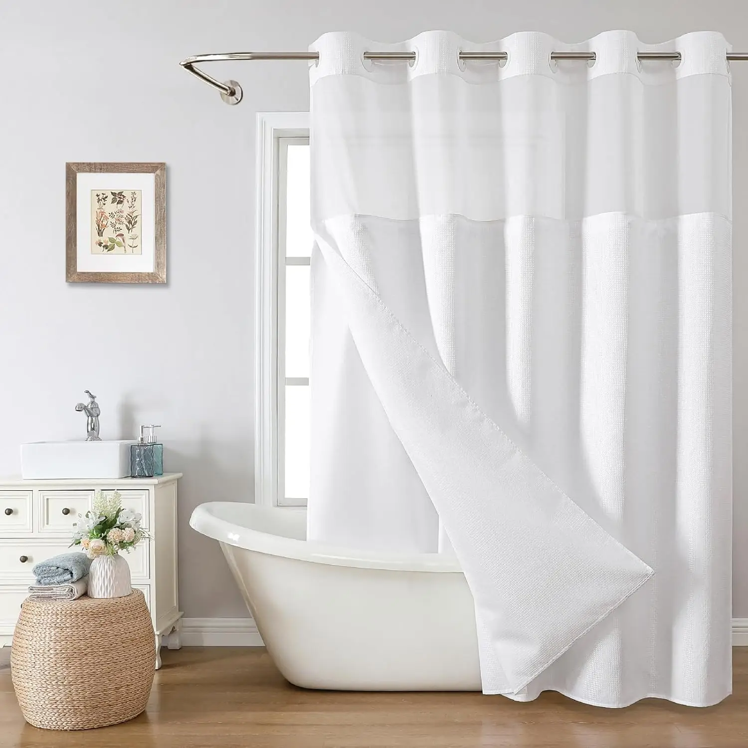 

White Waffle Weave Shower Curtain Set with Snap-in Liner and See-Through Window, Water Repellent & Washable, 71x74 Inches