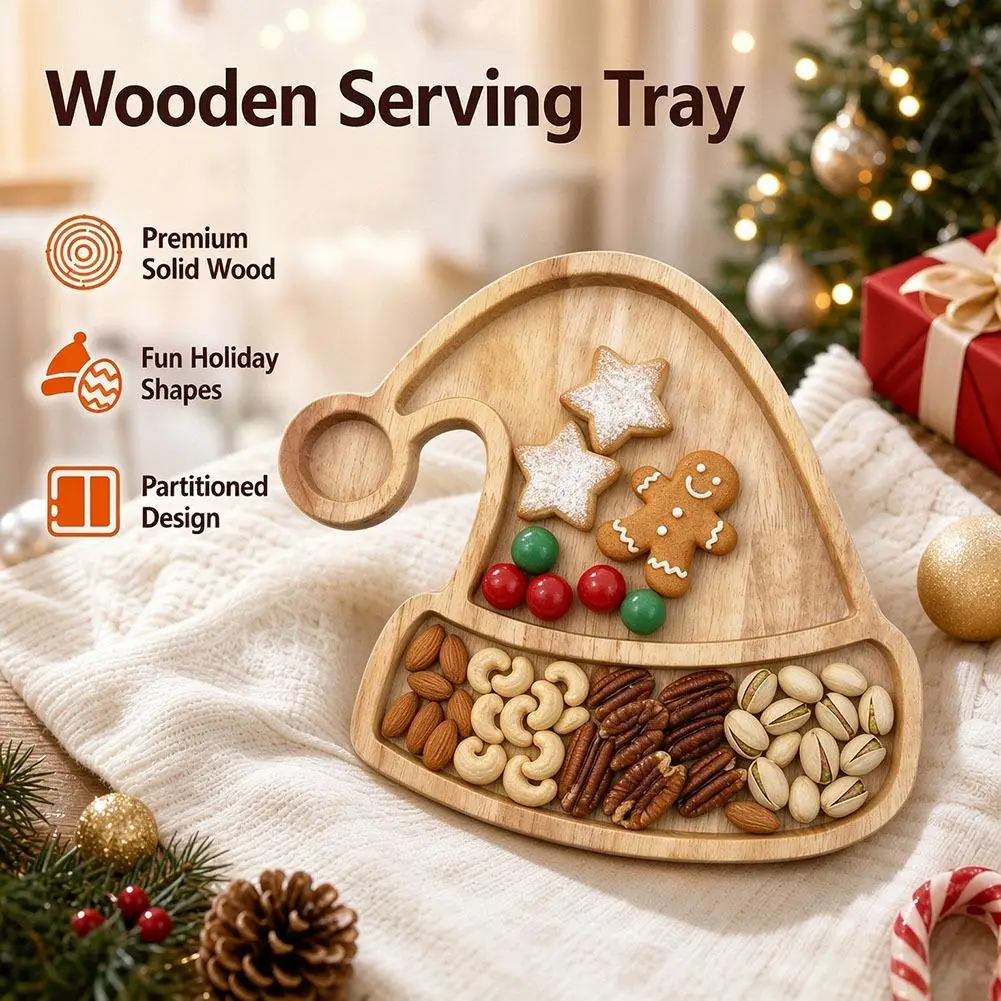Christmas Santa Hat Shaped Wooden Serving Tray Partitioned Solid Wood Platter For Nut Snack Cookie Christmas Party Table Decor