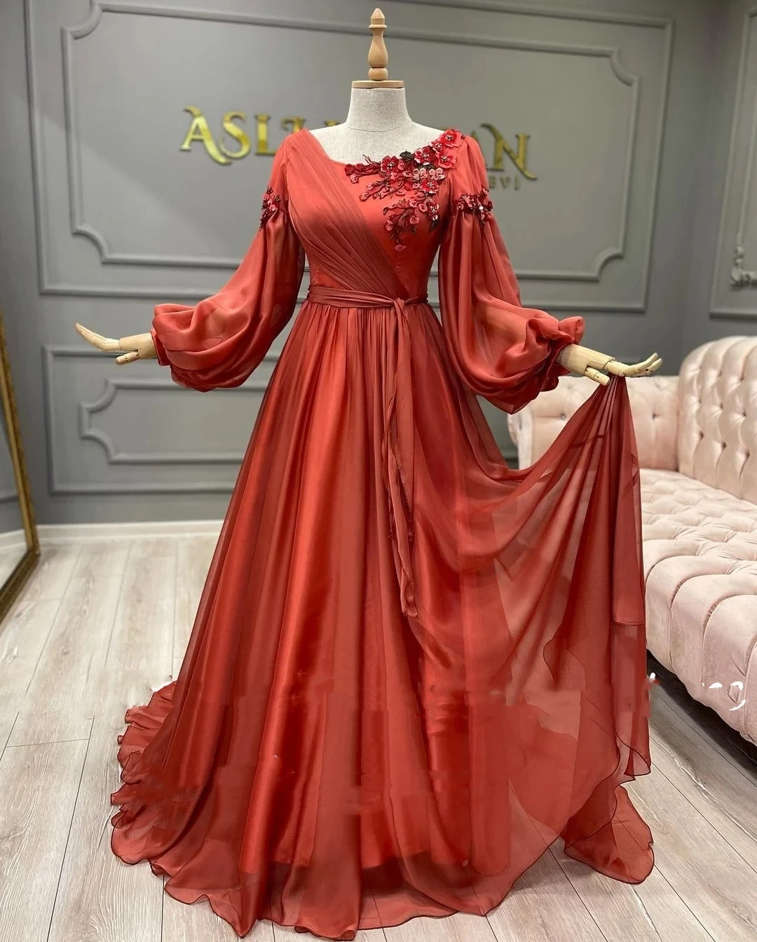 Orange Chiffon O-Neck Arabic Muslim Evening Dresses Long Sleeves Beading 3D Flowers A-Line Modest Prom Dress Formal Party Gowns