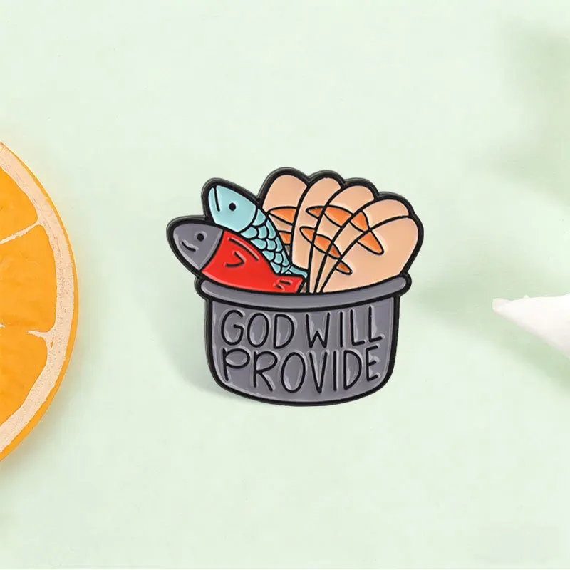 Creative Cartoon Fish and Bread Can Brooch God Will Provide Phrase Metal Badge Pin DIY Clothing Bags Hat Scarf T-shirt Accessory