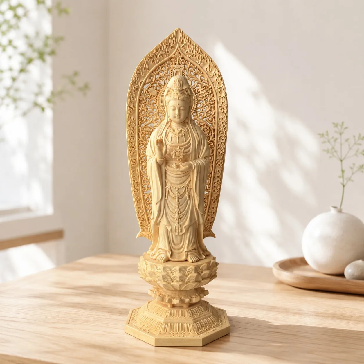 Hand Carved Hinoki Wood Nanhai Guanyin Bodhisattva Statue for Traditional Chinese Buddhist Living Room Altar Decor Gift