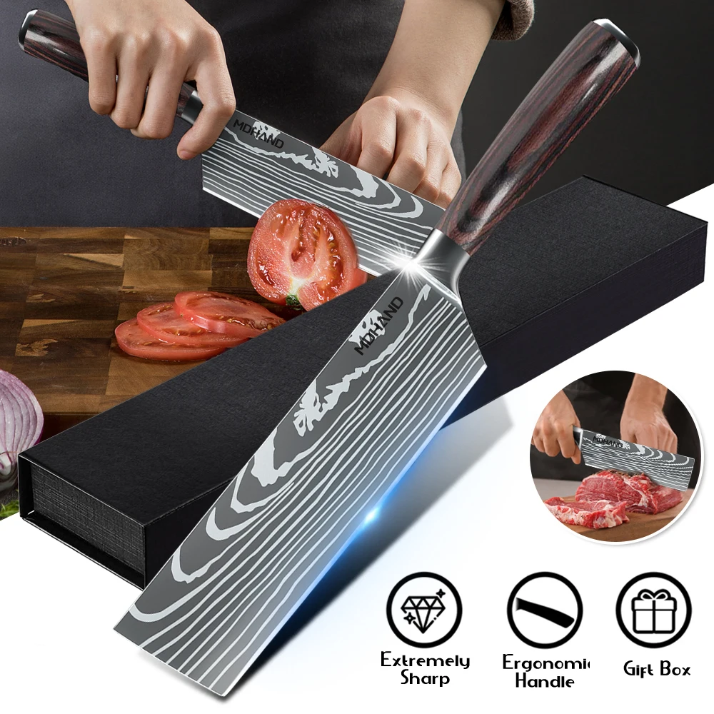 7 inch Santoku Chef knife Stainless Steel Kitchen Knife Multifunction Ultra Sharp Cleaver Imitate Damascus Pattern Cooking Tool