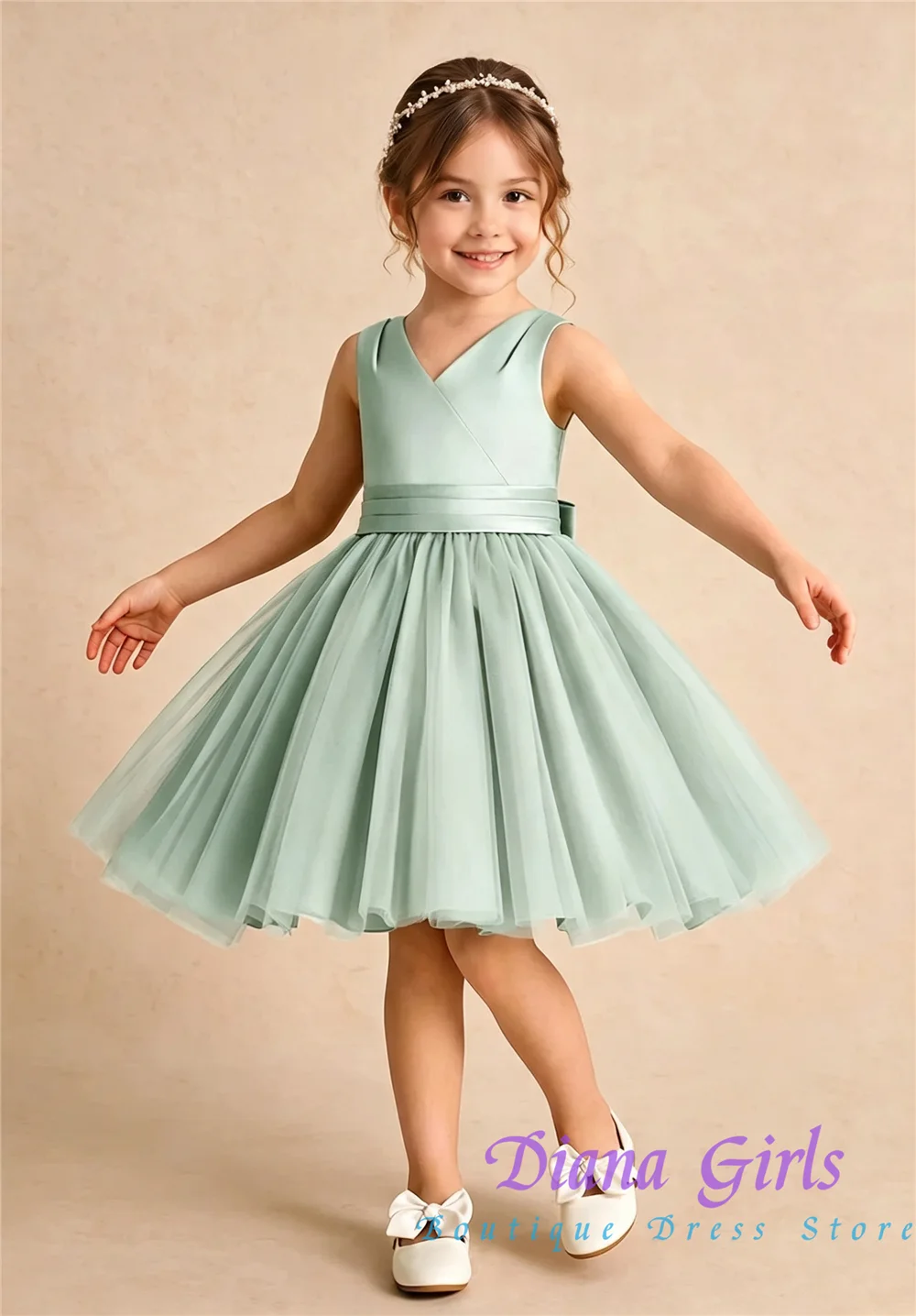 Lovely Quality Flower Girl Dress Green Satin Fluffy with Bow for Wedding Birthday Party First Communion Evening Ball Gowns