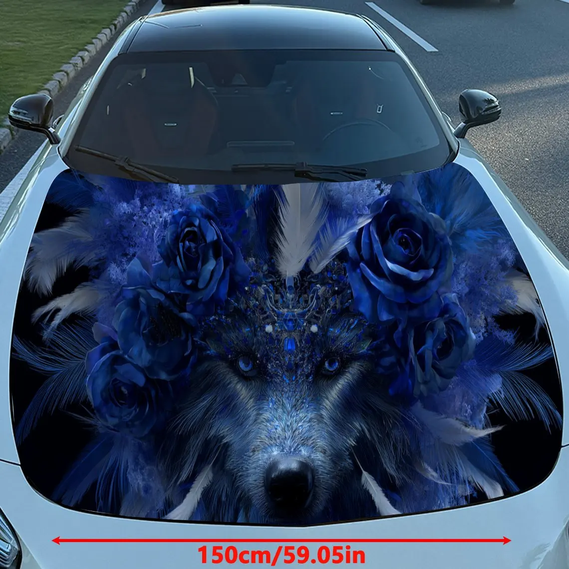 Blue Floral Dreamcatcher Wolf Auto Cover Sticker, Waterproof and Self-adhesive Auto Hood Decal, Auto Vinyl Wraps, Cool Car Exter