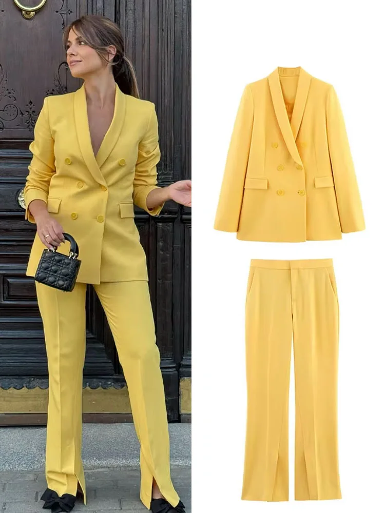 HH Conjunto amarillo para mujer, chaquetas cruzadas de manga larga con cuello vuelto + pantalones acampanados con cremallera en la cintura media, traje de primavera para mujer