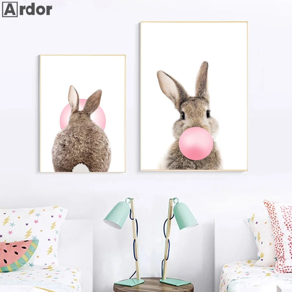 Póster Artístico de pared de conejo, globo rosa, pintura en lienzo de animales, estampado de chicle de conejito, imágenes de pared para guardería, decoración para habitación de bebé y niños