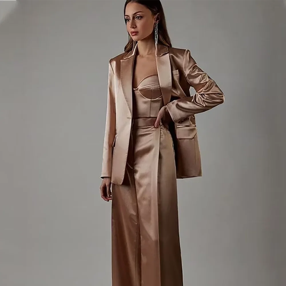 

Fashion Satin Pant Suits Regular Fitted Peaked Lapel Professional Outfit Chic Single Button Office Lady Formal Blazer Set