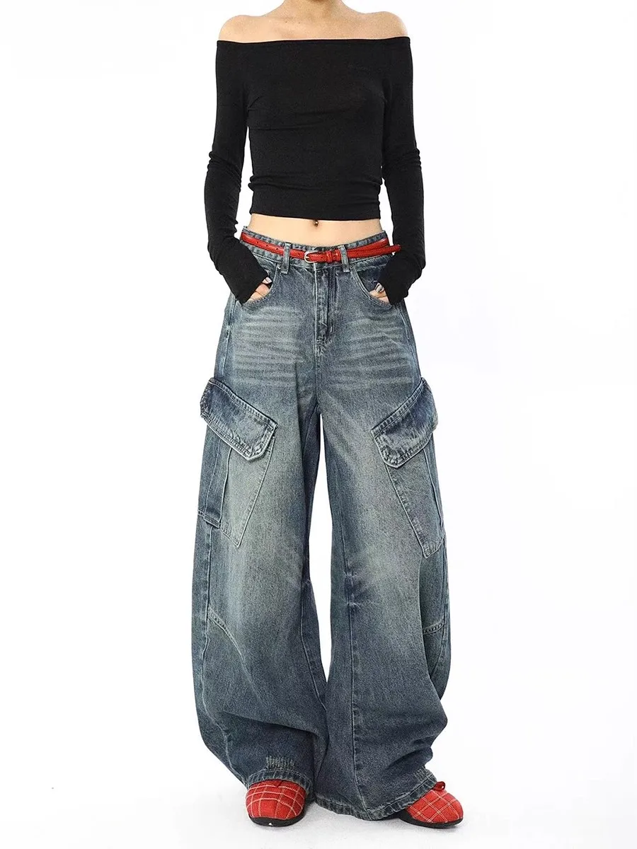 

Женские синие джинсы-карго мешковатые Y2K America High Street Harajuku винтажная широкая рабочая одежда джинсы повседневная нижняя одежда для женщин 2025