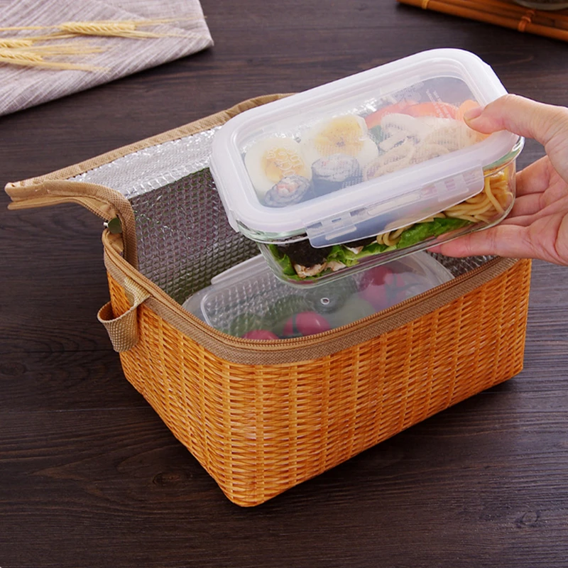 Boîte à bento isotherme portable en rotin, sacs à lunch de pique-nique en plein air, sac fourre-tout isotherme, conteneur de stockage de poudres, 216.239.