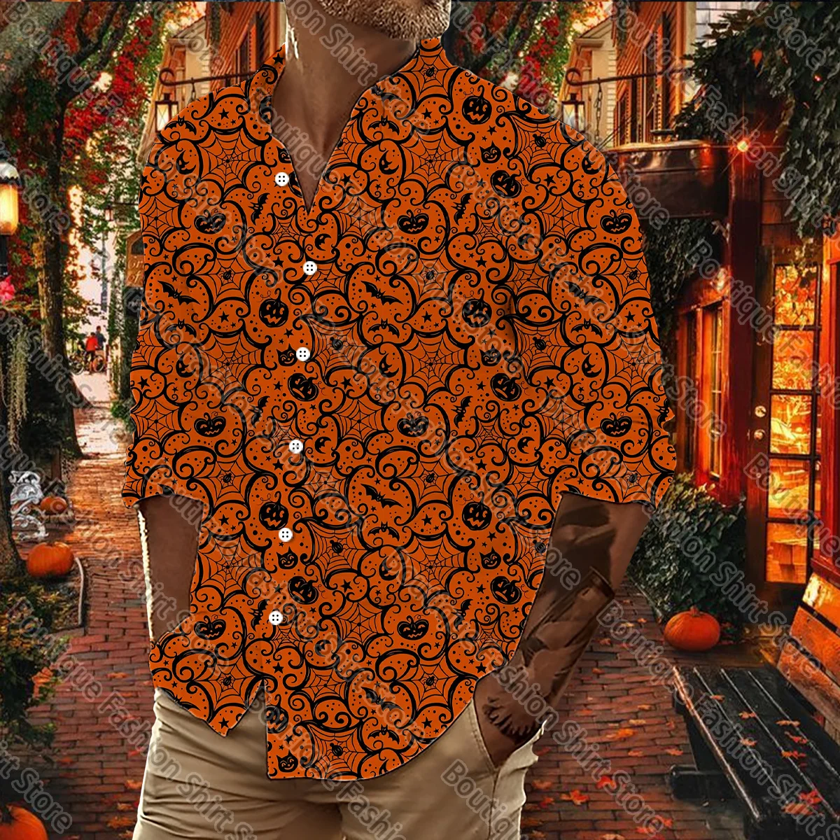 Hawaiian shirt Halloween shirt men's professional lapel shirt pumpkin high -definition printed shirt men's clothing
