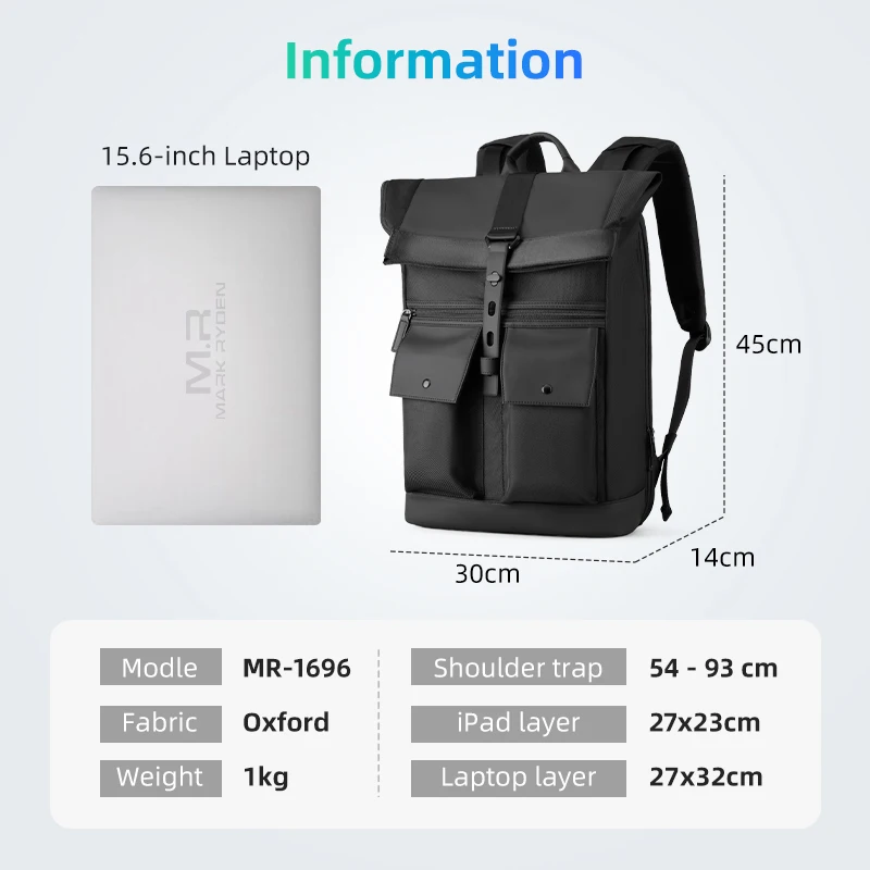 MARK RYDEN Black 15.6inch laptop Backpack Multifunctional Waterproof Backpack Daily Travel Bag Casual School Rucksack