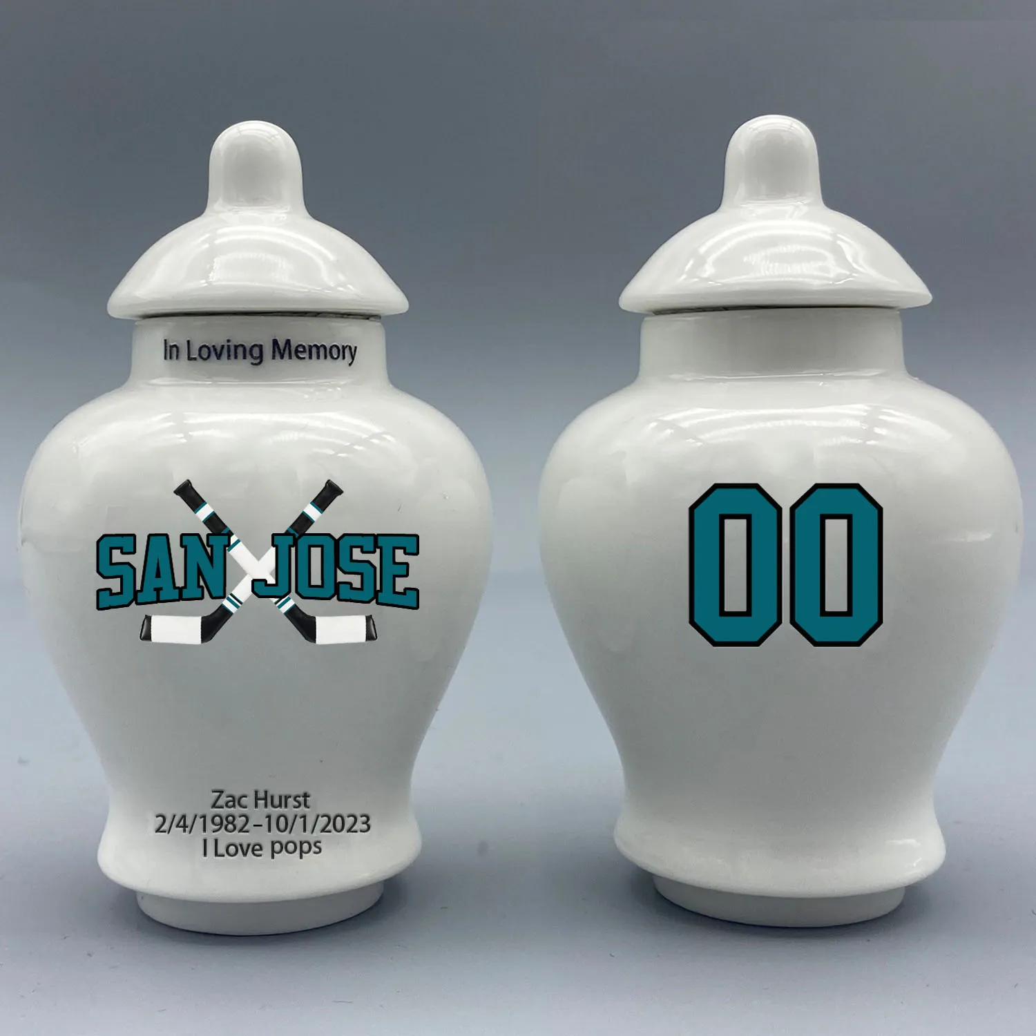 

Mini Urn for San Jose Sharks-themed Hockey Urn.Please send me the customization information - name/date and number on the urn