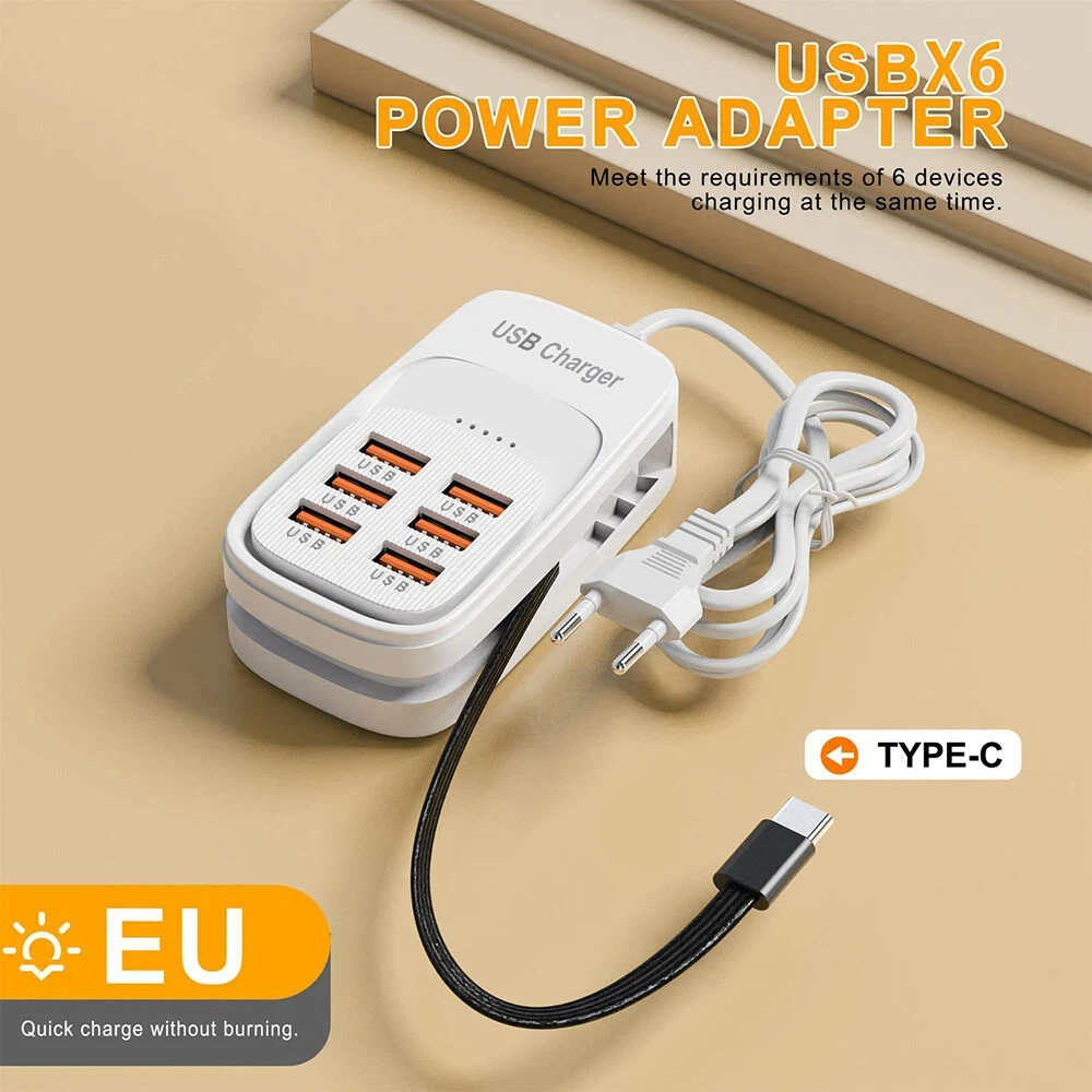 Snelle USB-lader 6-in-1 stekkerdoos bureau-oplaadstation snellaadkabel EU/UK/US stekker USB-hub adapter stopcontact 3PD 3USB
